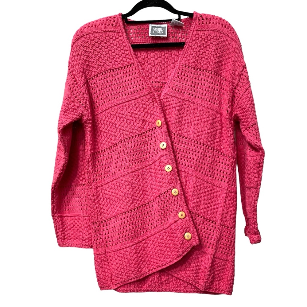 Vintage Sigrid Olsen Coral Pink Crochet Knit Cardigan Sweater size M
